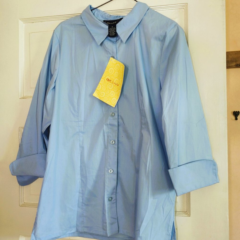 NWT Denim & Co Blue Blouse Size M 3/4 Length Cuffed Sleeves